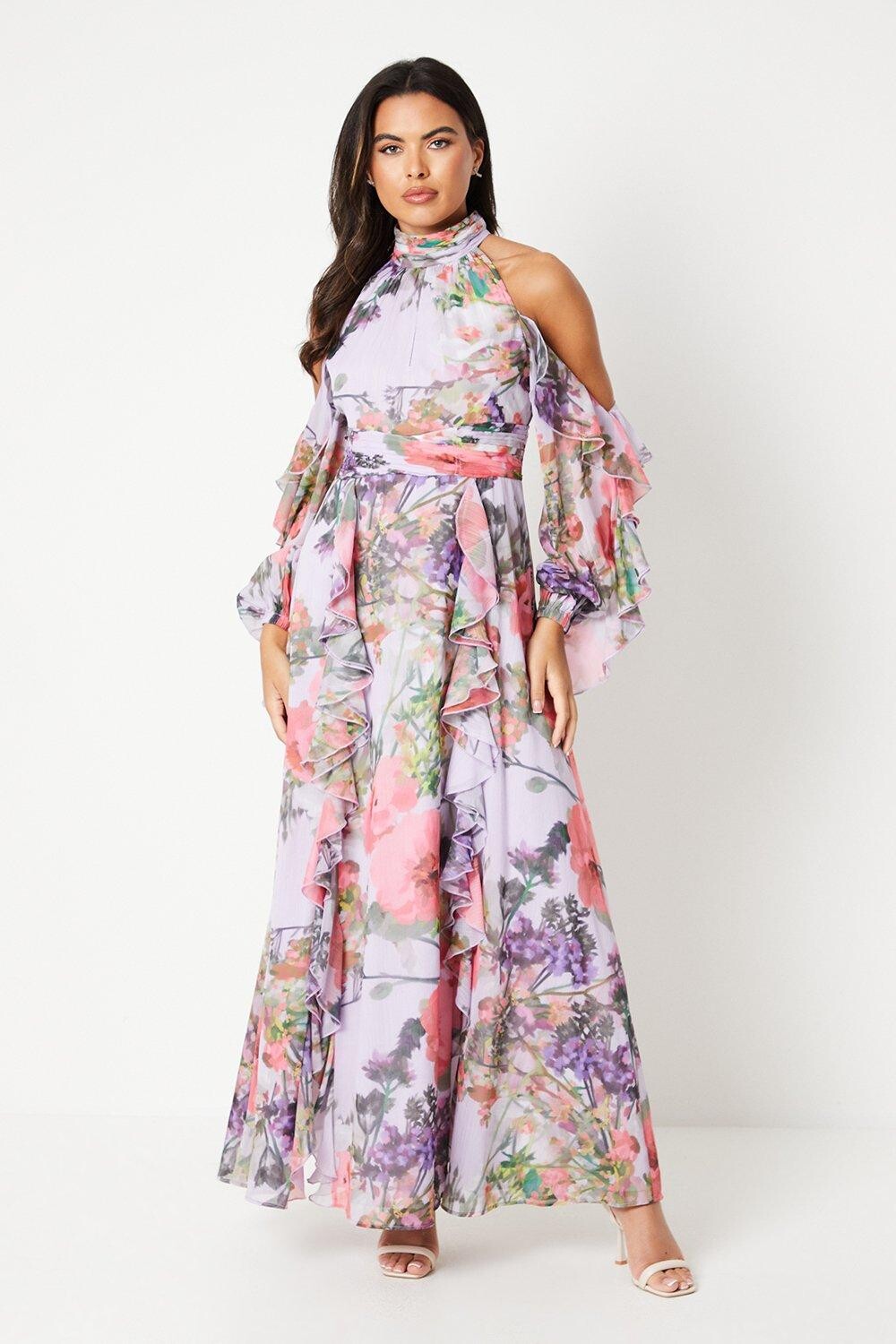 

Платье макси с высоким воротником и открытыми плечами с принтом и блузкой на рукавах Coast, синий