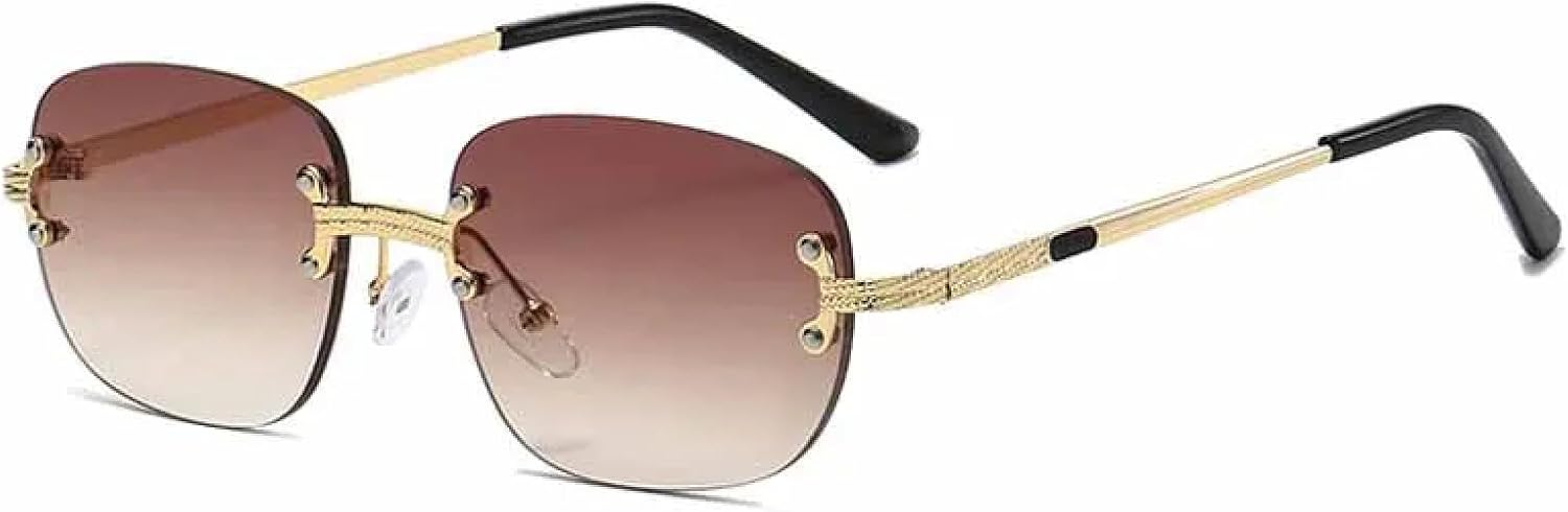 

Модные панк-солнцезащитные очки без оправы с овальными металлическими дужками для женщин и мужчин, роскошные дорожные солнцезащитные очки с защитой от УФ-излучения UV400 TKKTLLT, Gold Gradient Tea