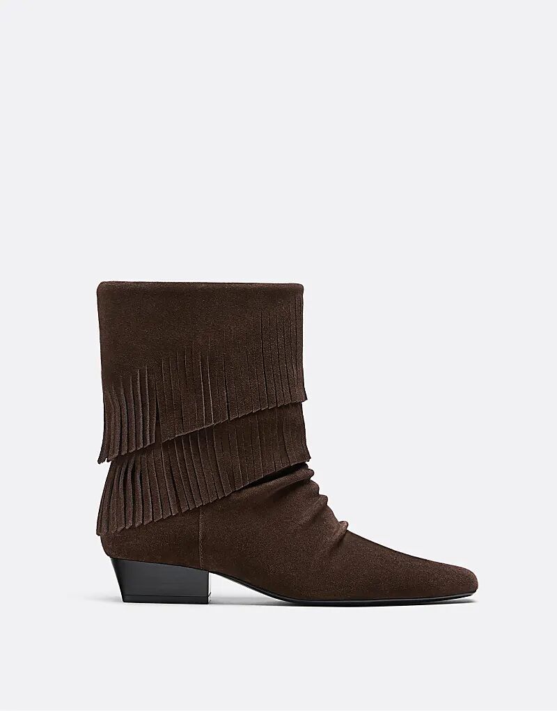 Ботильоны Stradivarius Flat из кожи с бахромой коричневого цвета — фото 4