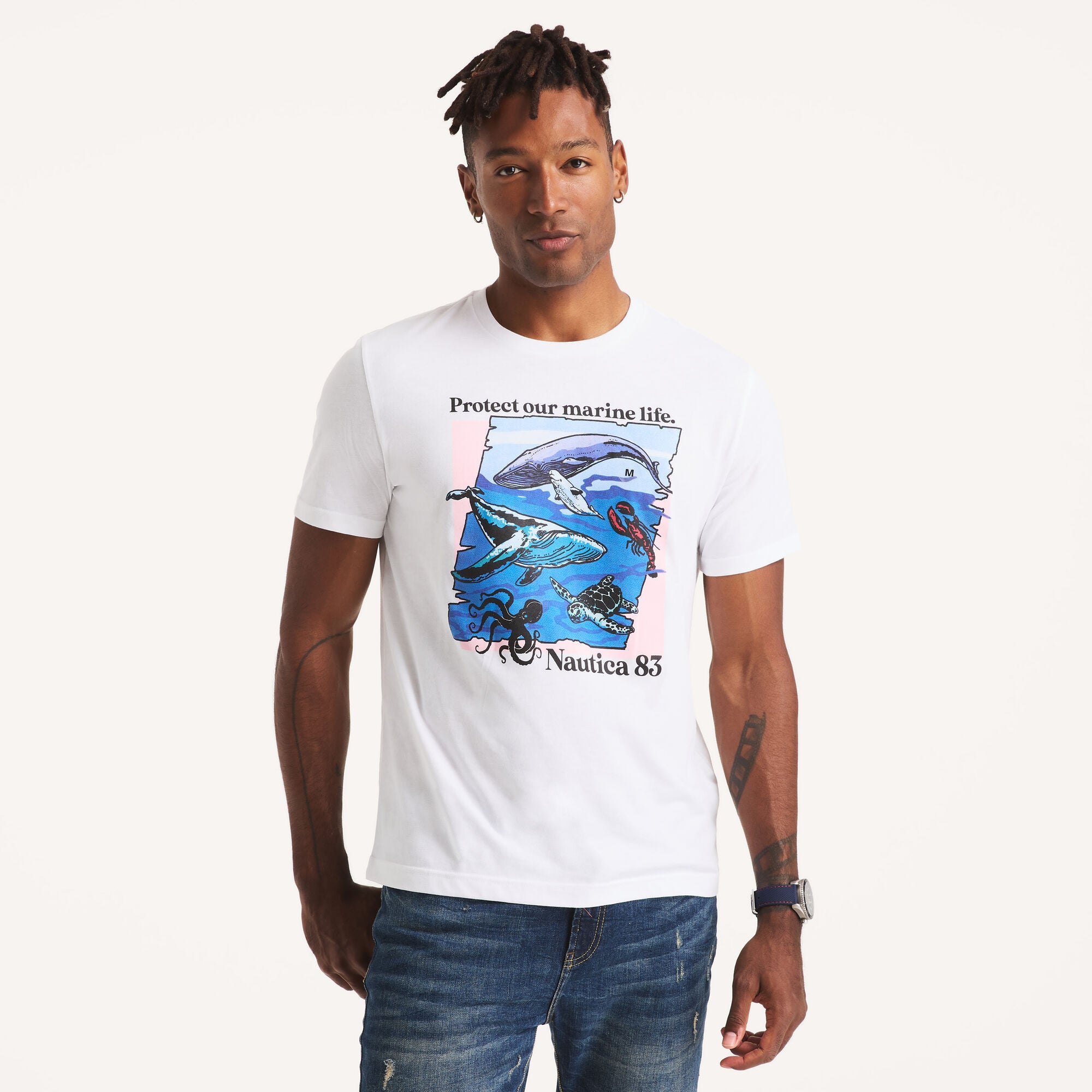 

Футболка мужская Nautica с рисунком морской жизни, цвет bright white