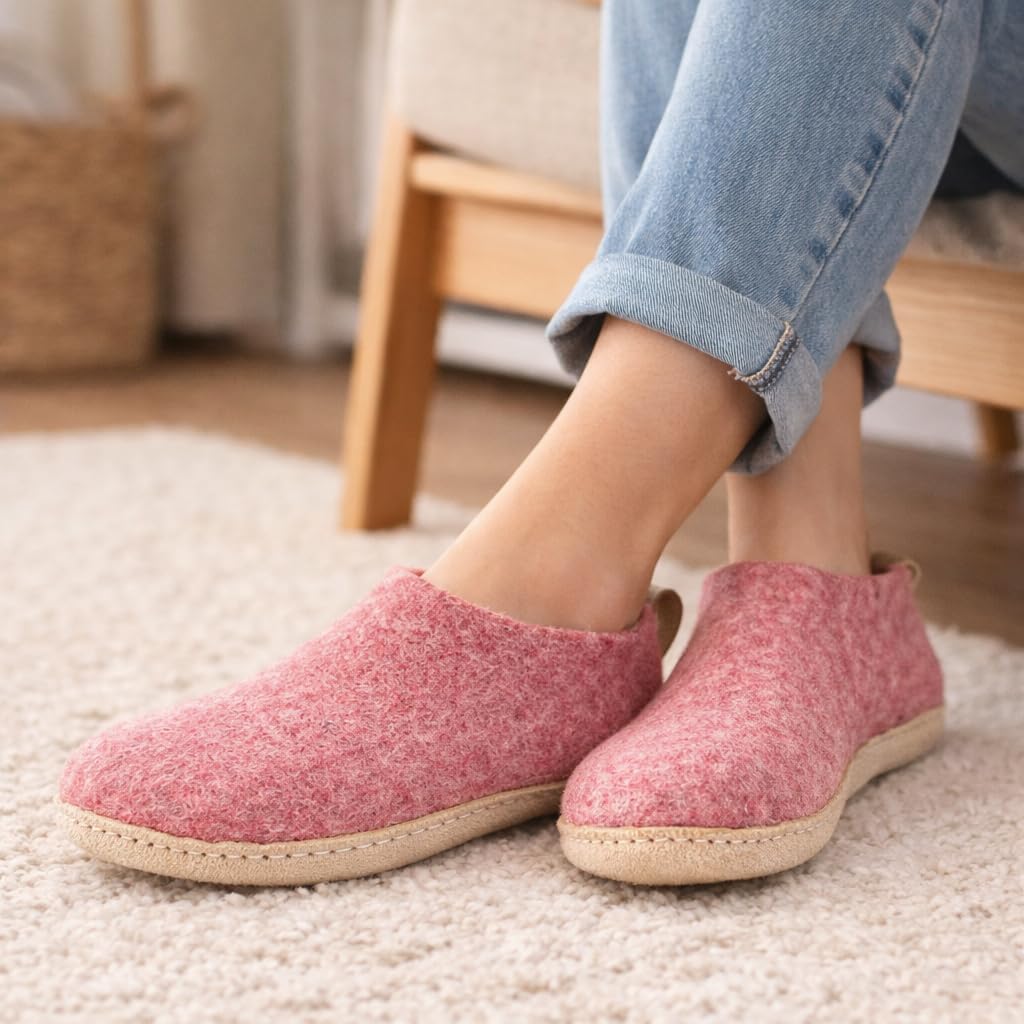 Тапочки Woolly из войлока с кожаной подошвой, Премиальная новозеландская шерсть, Ручная работа по итальянскому дизайну, Мягкие, дышащие и без запаха Woolly'S, розовый — фото 2