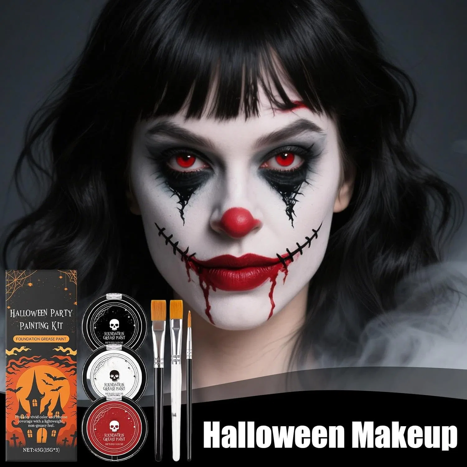 Набор для росписи лица и тела Halloween, черный и красный, с кистями — фото 2