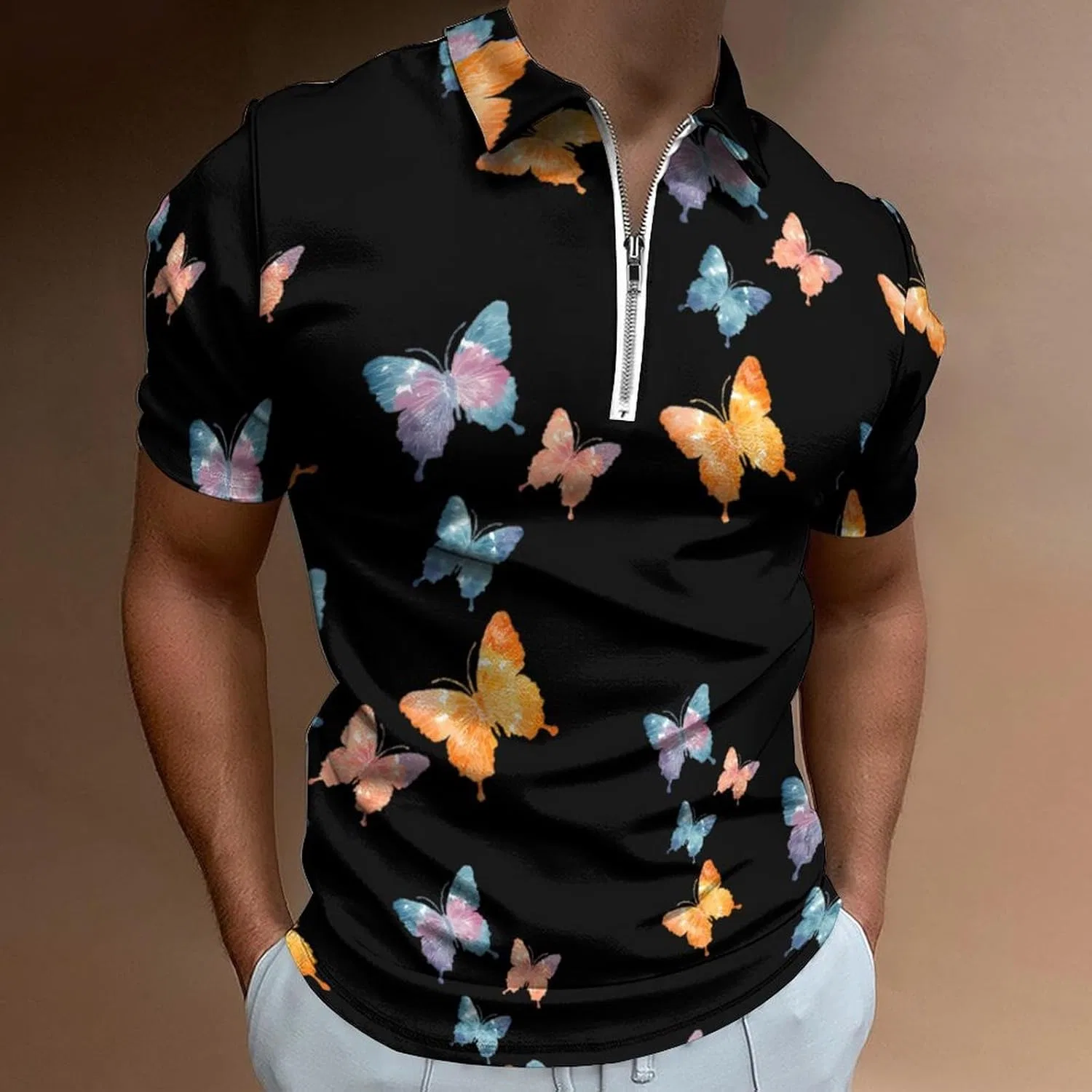 Мужское поло с коротким рукавом, полузастежка-молния, Tie-Dye, бабочки — фото 2