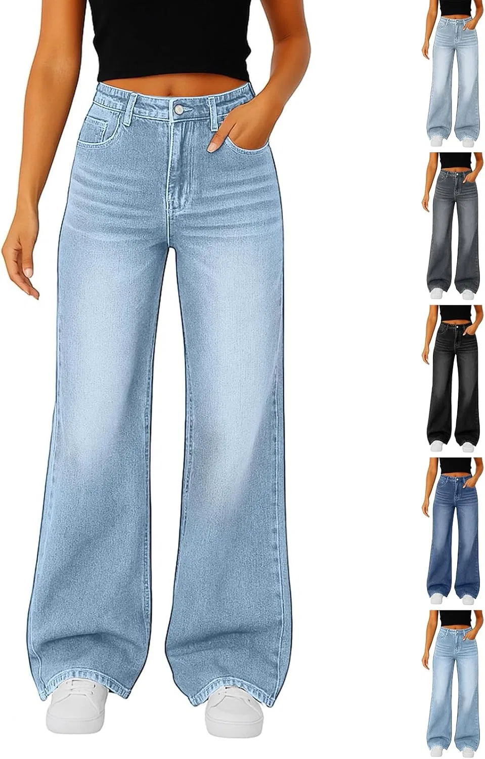 Джинсы с потертостями, Wide Leg, A01blue