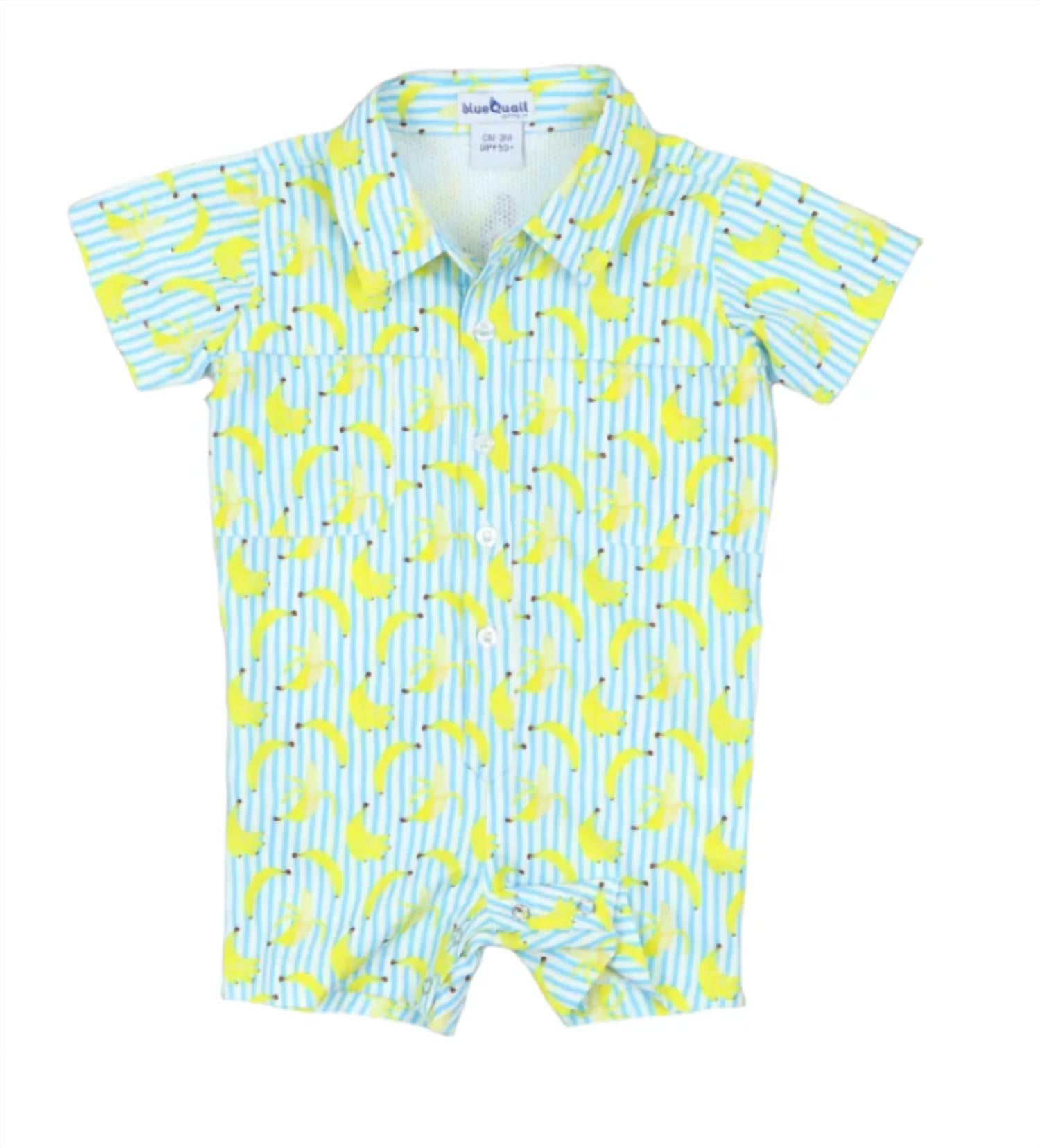 

Мальчиковый короткий комбинезон с бананами в разноцветном принте Blue Quail Clothing Co., мультиколор