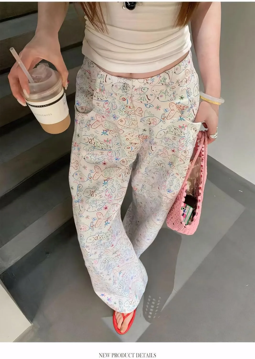 

Printed Graffiti Fish белые прямые джинсы с широкими штанинами YINZUOLAI