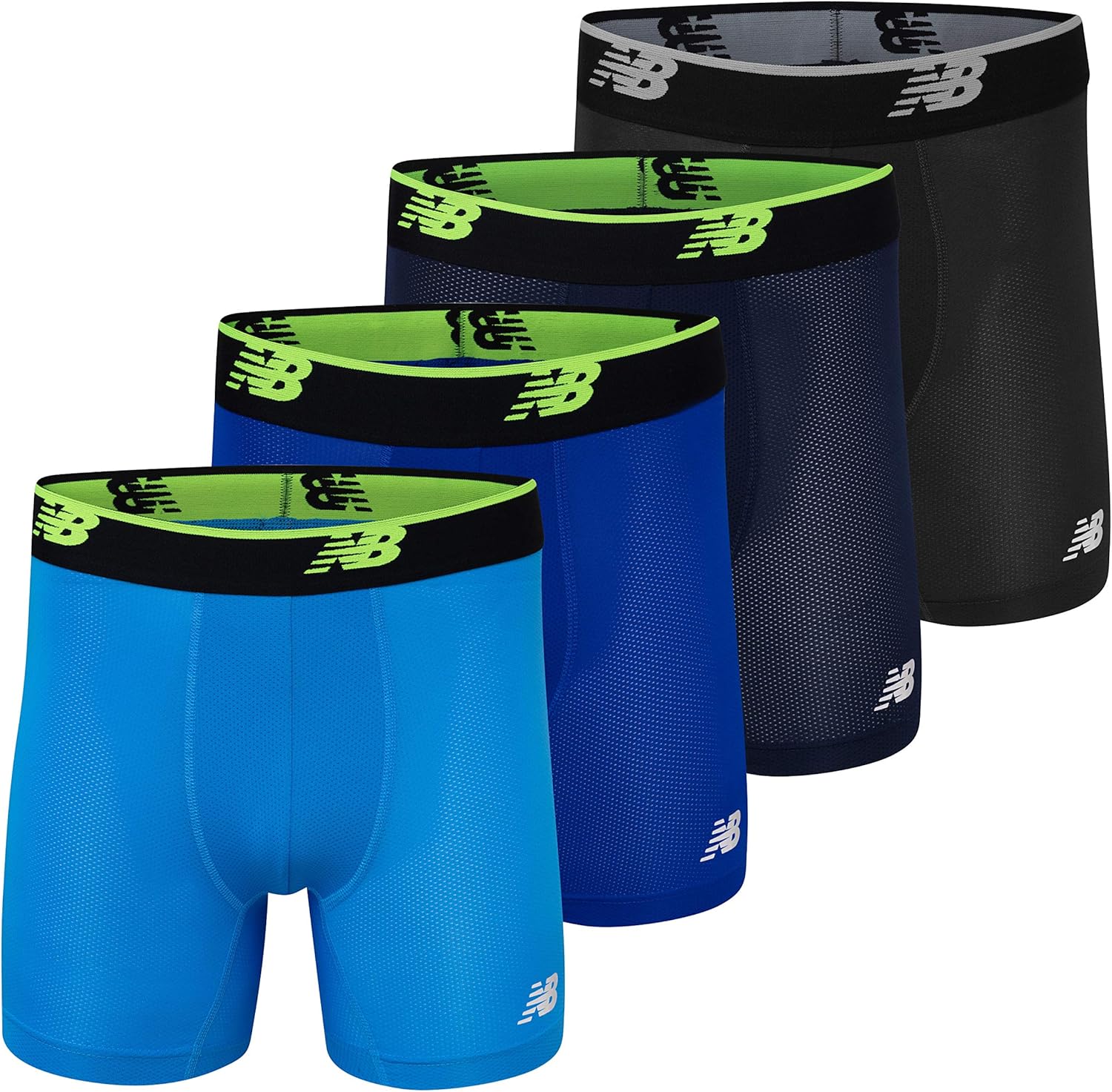 

Мужские боксеры-трусы New Balance из сетчатой джерси с дышащими влагоотводящими свойствами (4 шт.), Black(St)/Pigment(Hl)/Bolt/Team Royal