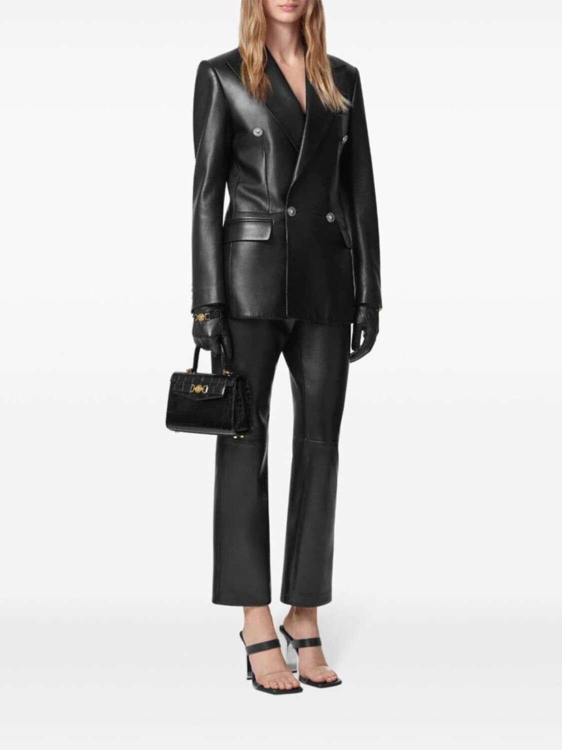

Versace кожаные прямые брюки, черный