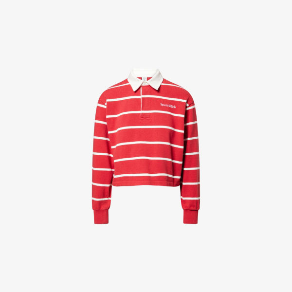 

Поло Sporty & Rich Serif rugby из хлопкового трикотажа в рубчик с полосками, красно-белый