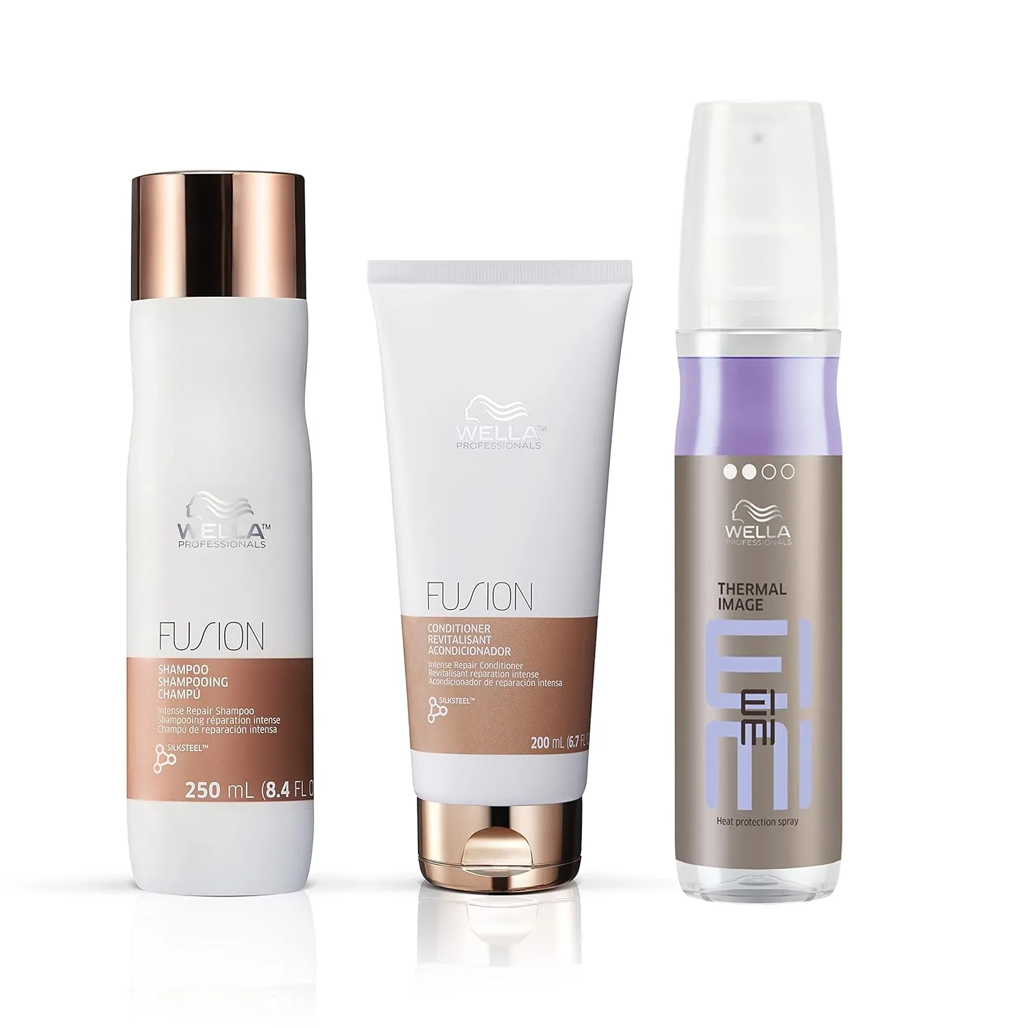 Wella Professionals Fusion Intense Repair шампунь и кондиционер для поврежденных волос и против ломкости + EIMI Thermal Image термозащитный спрей для гладкости и блеска, набор для ухода за волосами