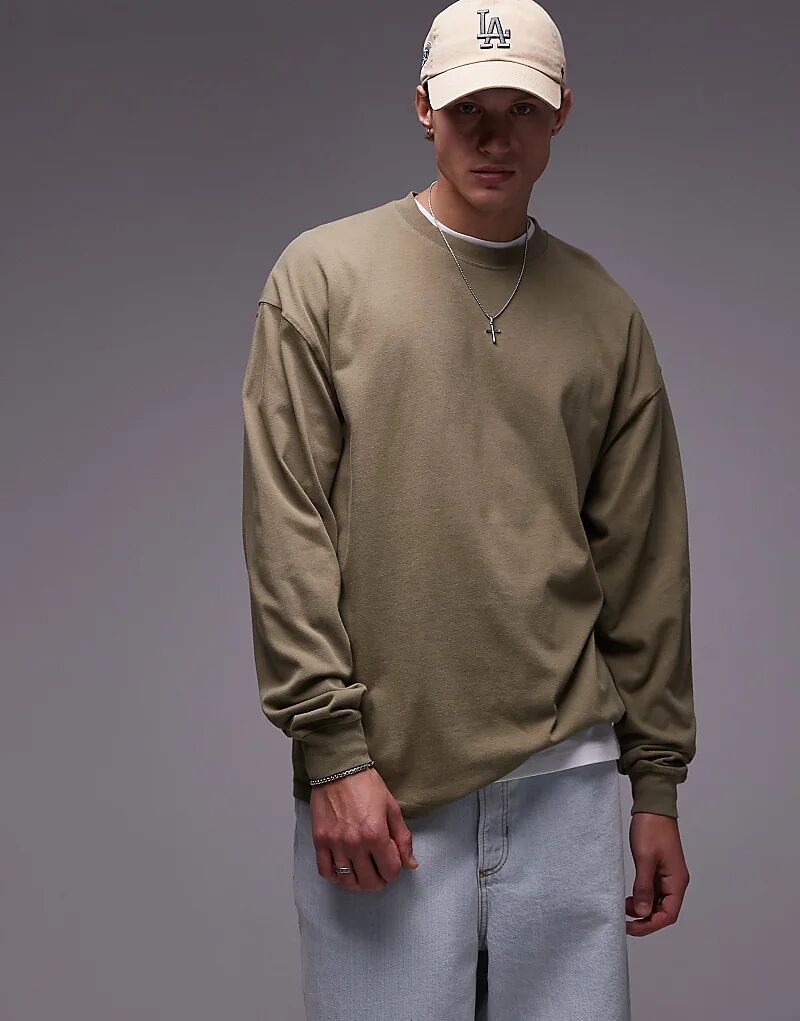 

Футболка свободного кроя с длинными рукавами цвета хаки Topman