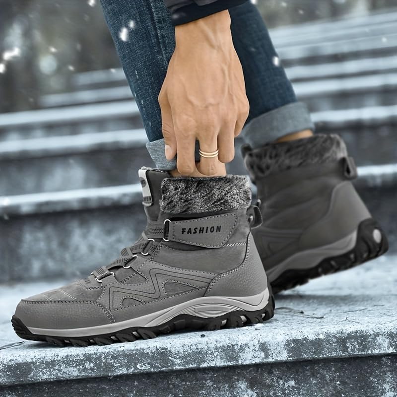 Высокие зимние ботинки с флисовой подкладкой, утепленные, теплые, противоскользящие и износостойкие, для походов на улице, холодостойкие мужские ботинки Fmshi, серый — фото 4