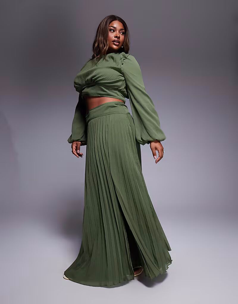 

Длинная юбка Curve с заниженной талией и складками оливкового цвета Asos Curve