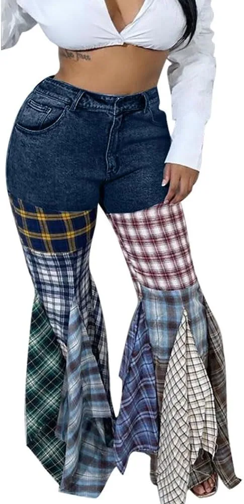 

Женские джинсы utcoco с высокой талией и расклешенным низом, клетка houndstooth и рюшами