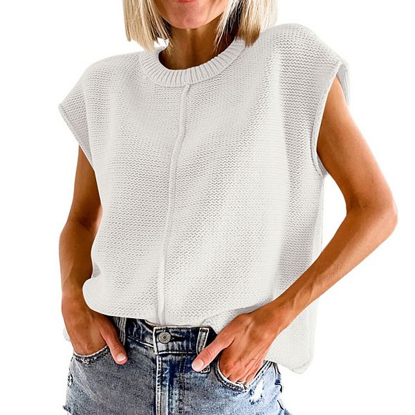 

Женский безрукавный вязаный жилет с круглым вырезом, удобный свободный пуловер-топ Clearflower, White