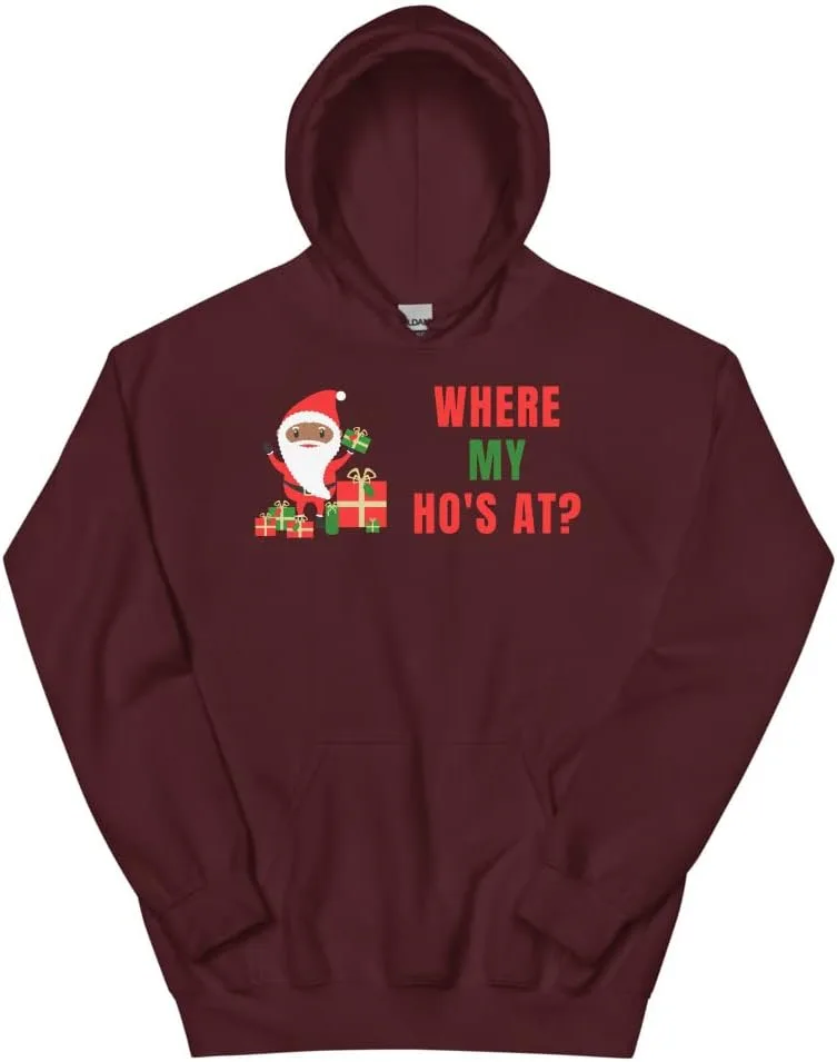 Толстовка Unisex с принтом "Where My Ho's At Ugly Christmas Sweater Funny Santa" Generic, бордовый
