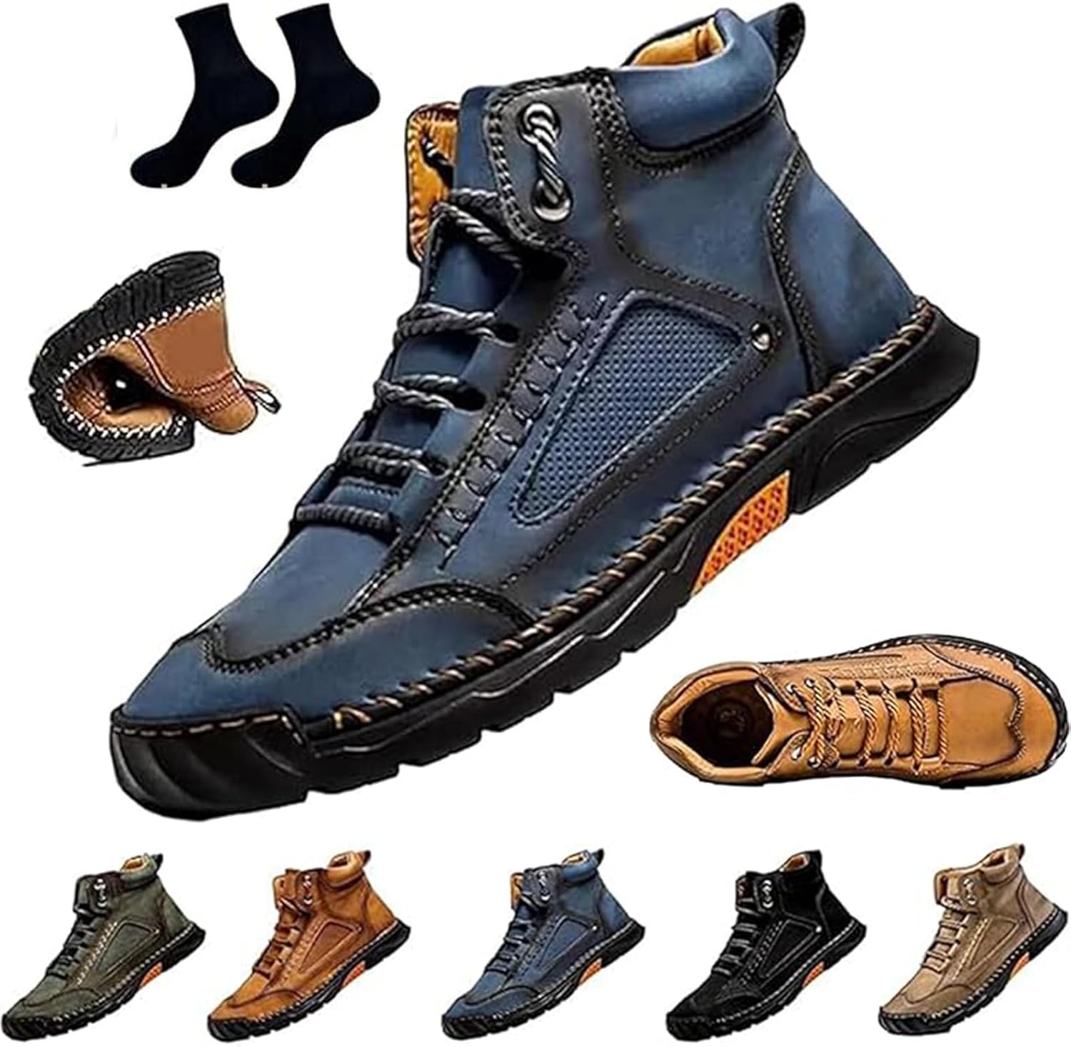 

Мужские удобные кожаные ботинки GHTRHSB ручной работы - водонепроницаемые, с поддержкой свода стопы, снятием давления, просторным носком, для активного отдыха на открытом воздухе, противоскользящие походные и ботинки, синий