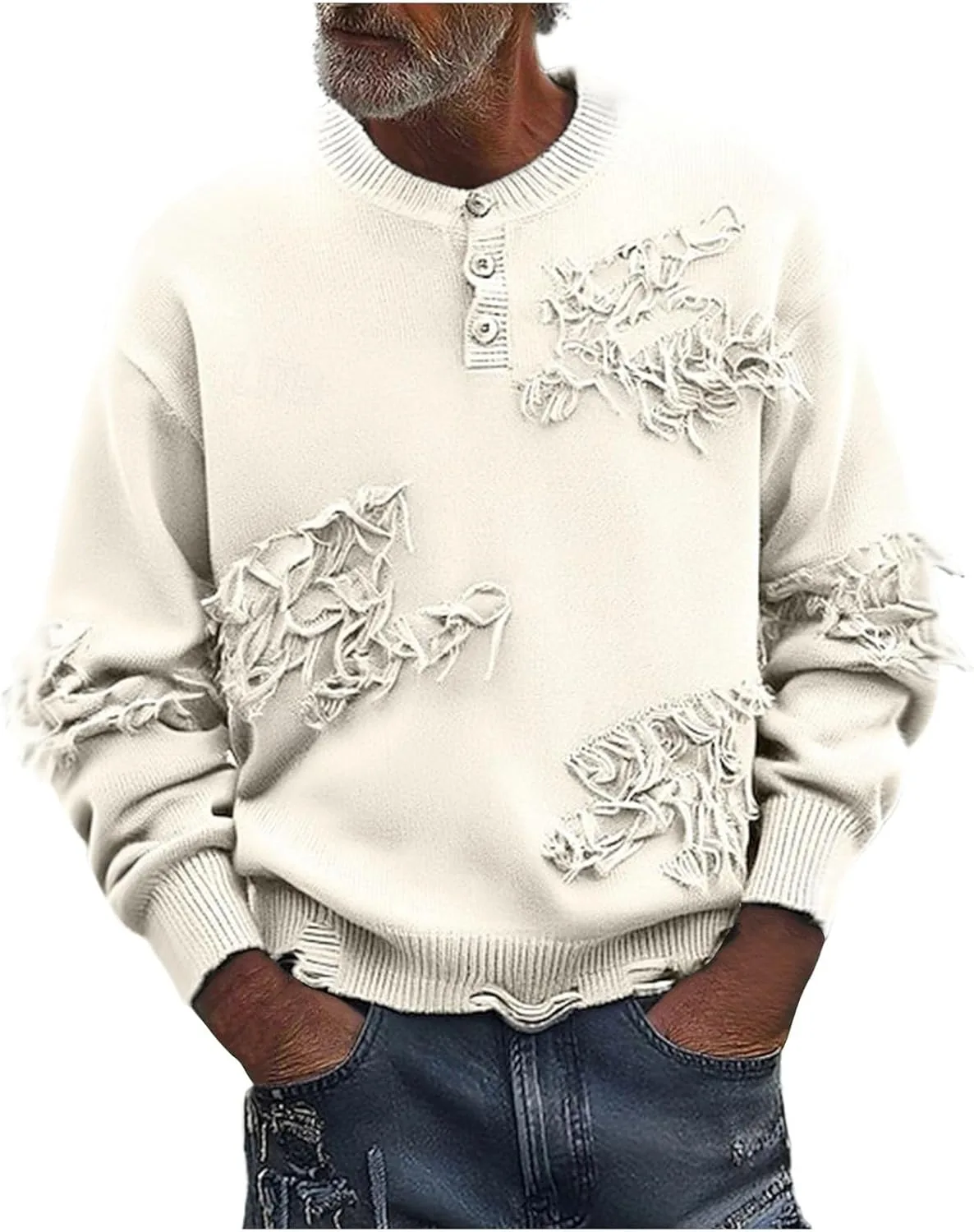 

Мужской свитер с потертостями, Crew Neck, длинный рукав, легкий и удобный