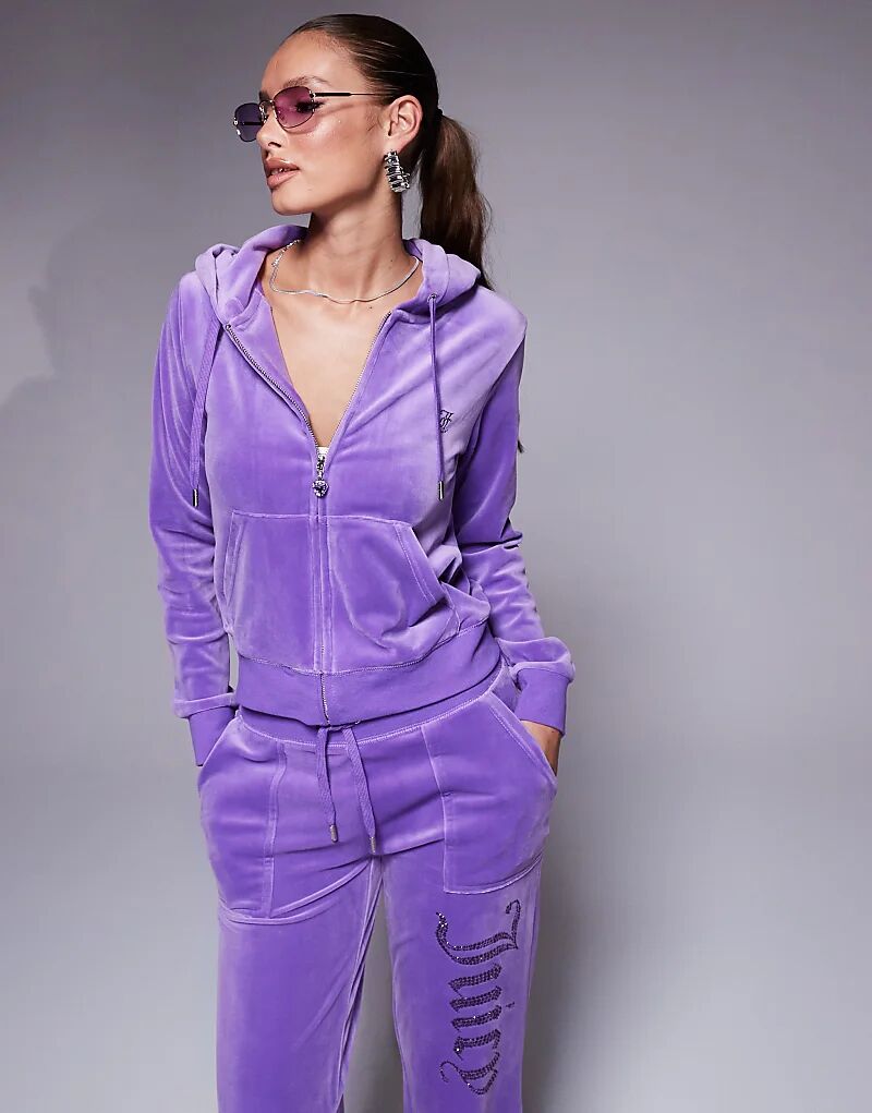 

Худи Juicy Couture из фиолетового велюра на молнии с отделкой бусинами в тон (часть комплекта)