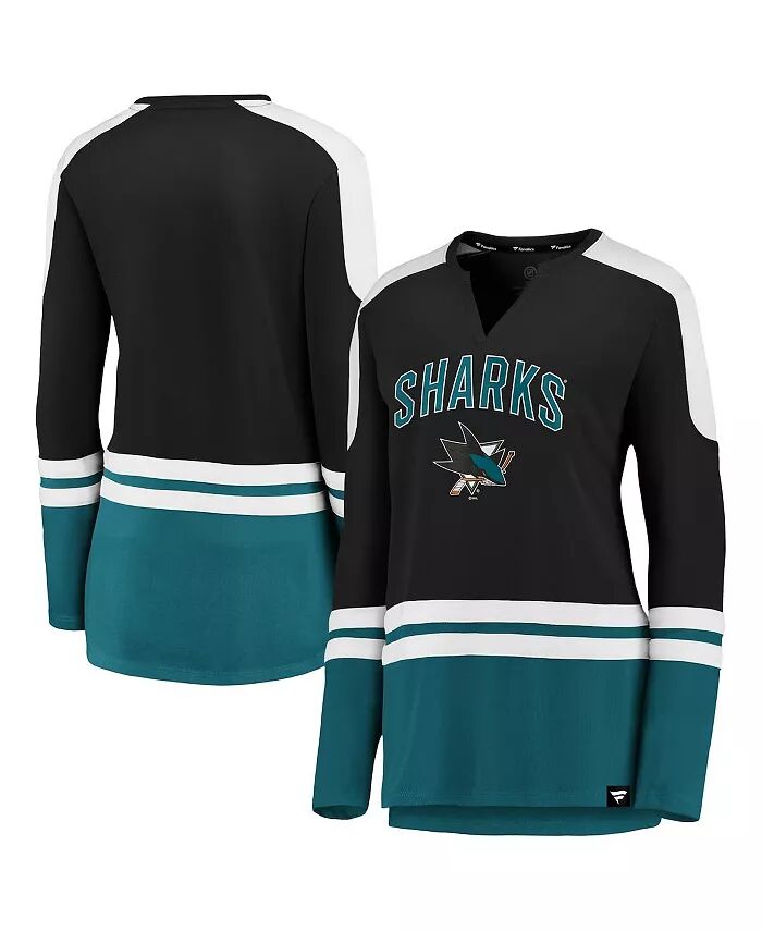 

Женская футболка San Jose Sharks Iconic Slapshot с длинным рукавом и вырезом-надрезом, черно-бирюзовая Fanatics