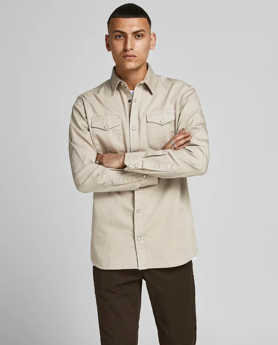 

Однотонная узкая мужская джинсовая рубашка Jack & Jones, бежевый