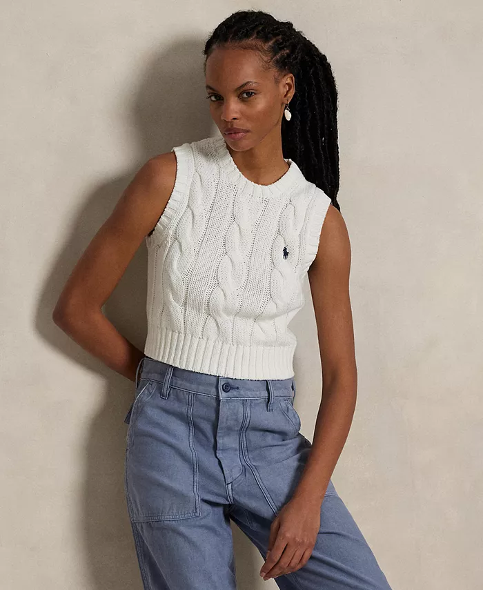 

Женский укороченный вязаный жилет из хлопка с узором "коса" Polo Ralph Lauren, белый