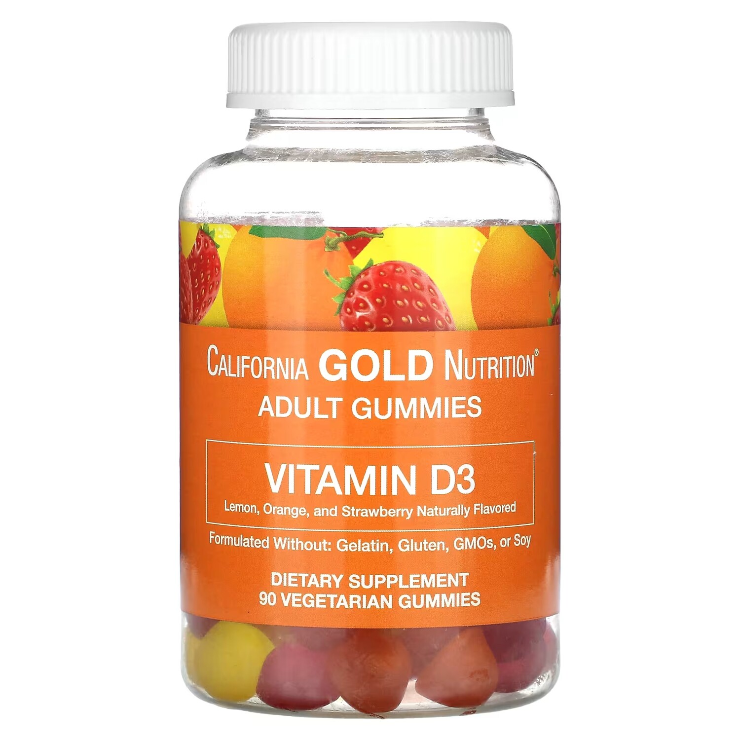 

California Gold Nutrition, жевательные конфеты с витамином D3, со вкусом лимона, апельсина и клубники, 2000 МЕ, 90 жевательных конфет (1000 МЕ на одну жевательную конфету)