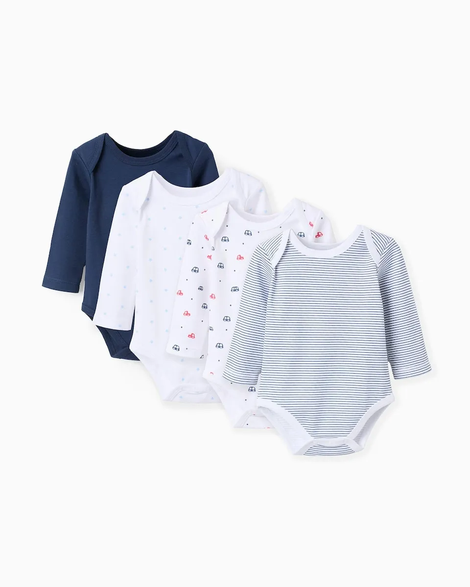 

Набор из 4-х детских бодиков для мальчика, 100% хлопок, с перекрещивающимися плечами, с принтом машинки Zippy, темно-синий