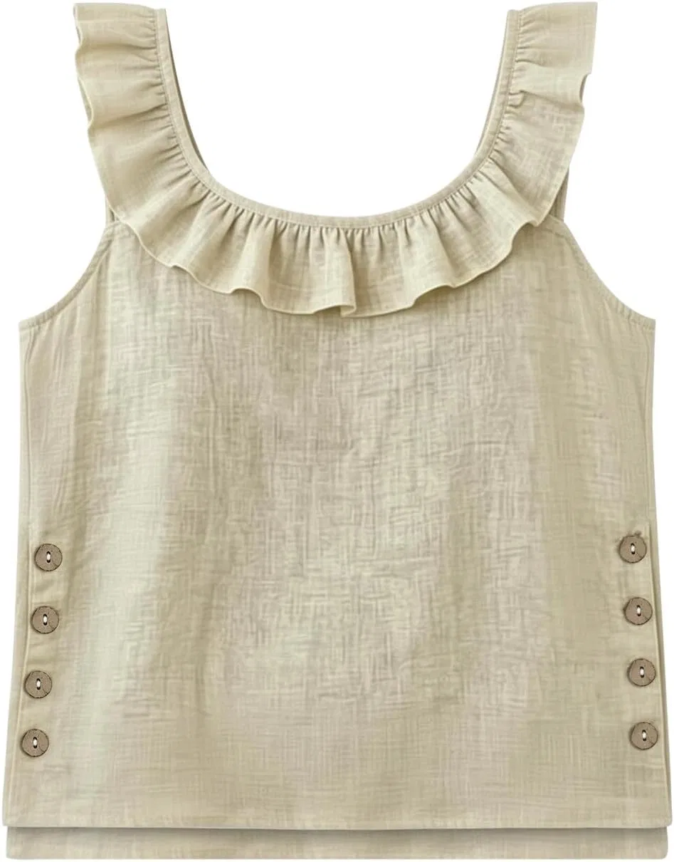 Женский топ на бретелях с рюшами, льняной, Beige — фото 4