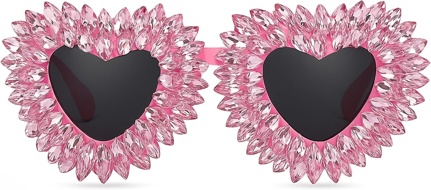 

bullabulling Модные солнцезащитные очки с блестящими стразами в форме сердца для женщин, милые, с бриллиантами, забавные, для вечеринок и отдыха на природе, с защитой от УФ-излучения UV400, Pink