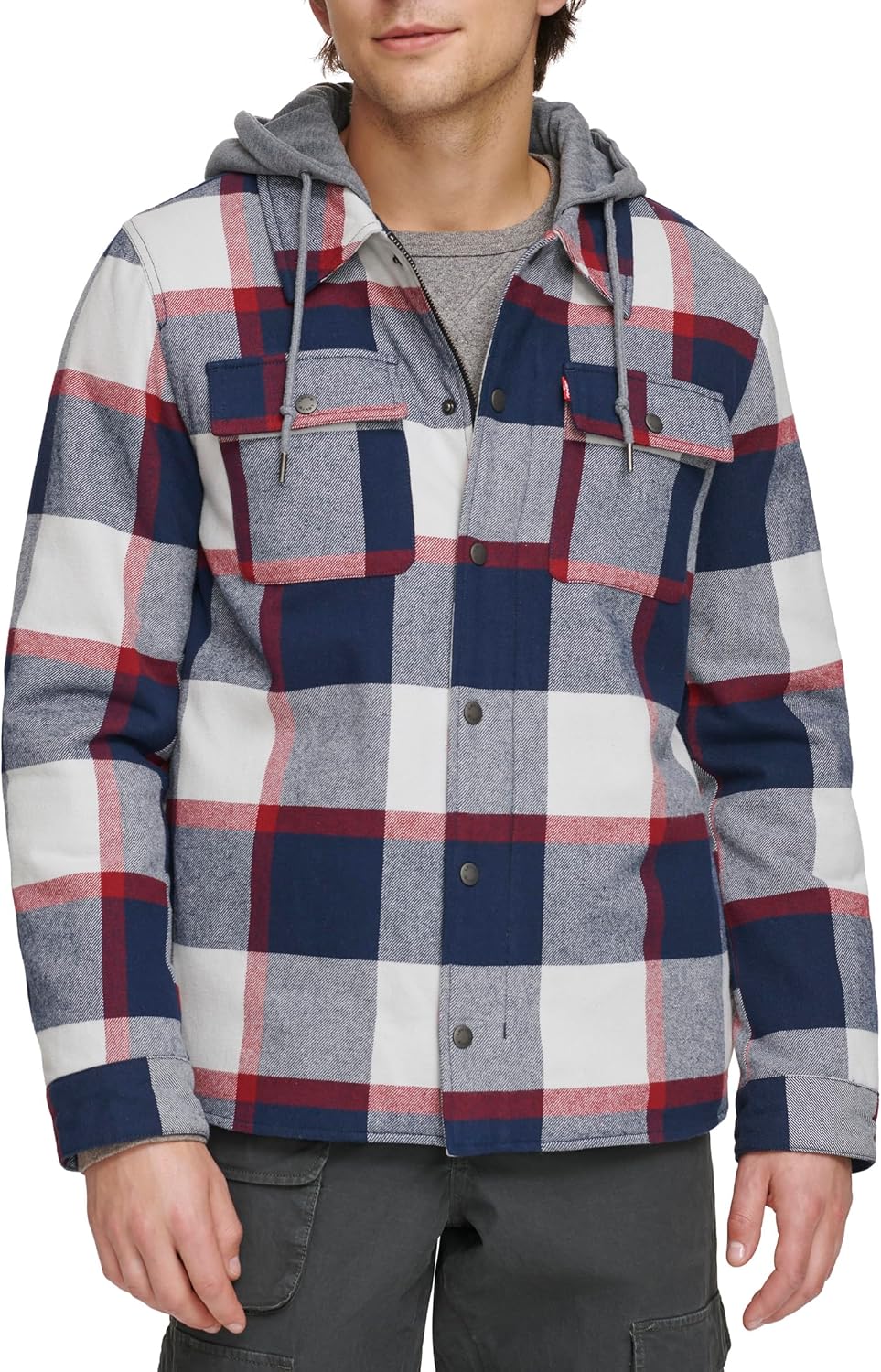 Мужская клетчатая куртка-рубашка Levi's с капюшоном и подкладкой из шерпы (стандартные размеры, большие и высокие), Navy/Red Skater Plaid