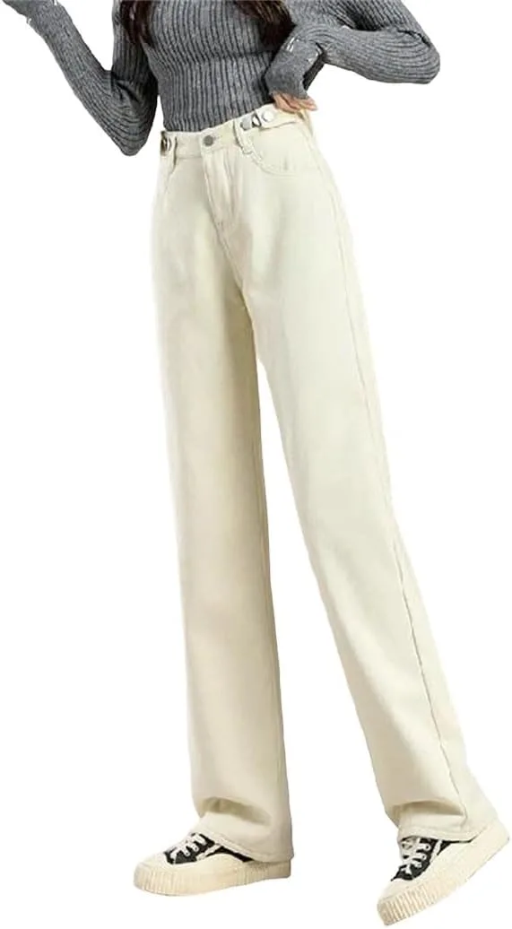 

Женские джинсы с высокой талией и широкими штанинами, утепленные флисом, свободного кроя в корейском стиле, эластичные, для зимы