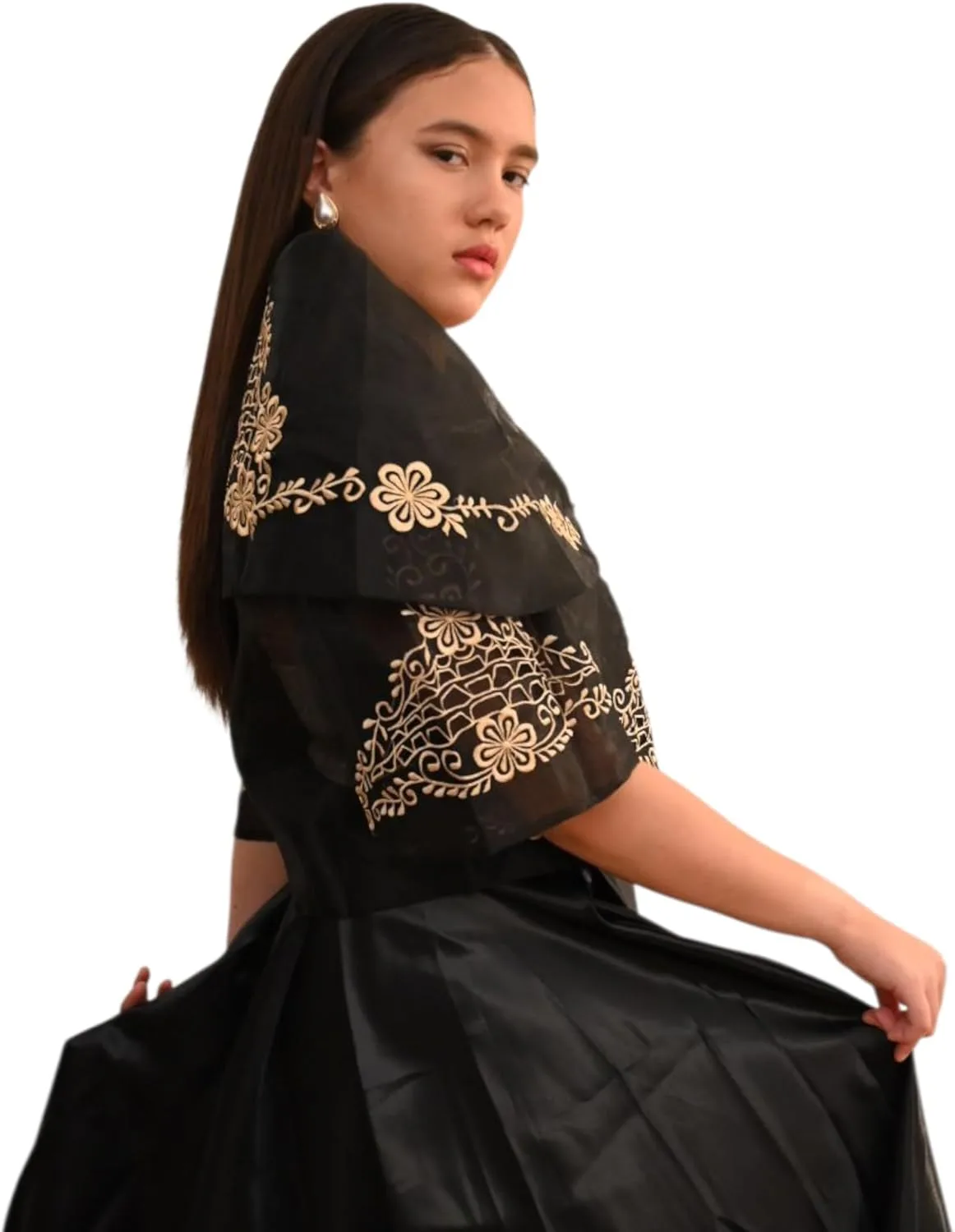 Традиционный топ Maria Clara Filipiniana Alampay с цветочной вышивкой, рукав 3/4 Generic, черный — фото 3