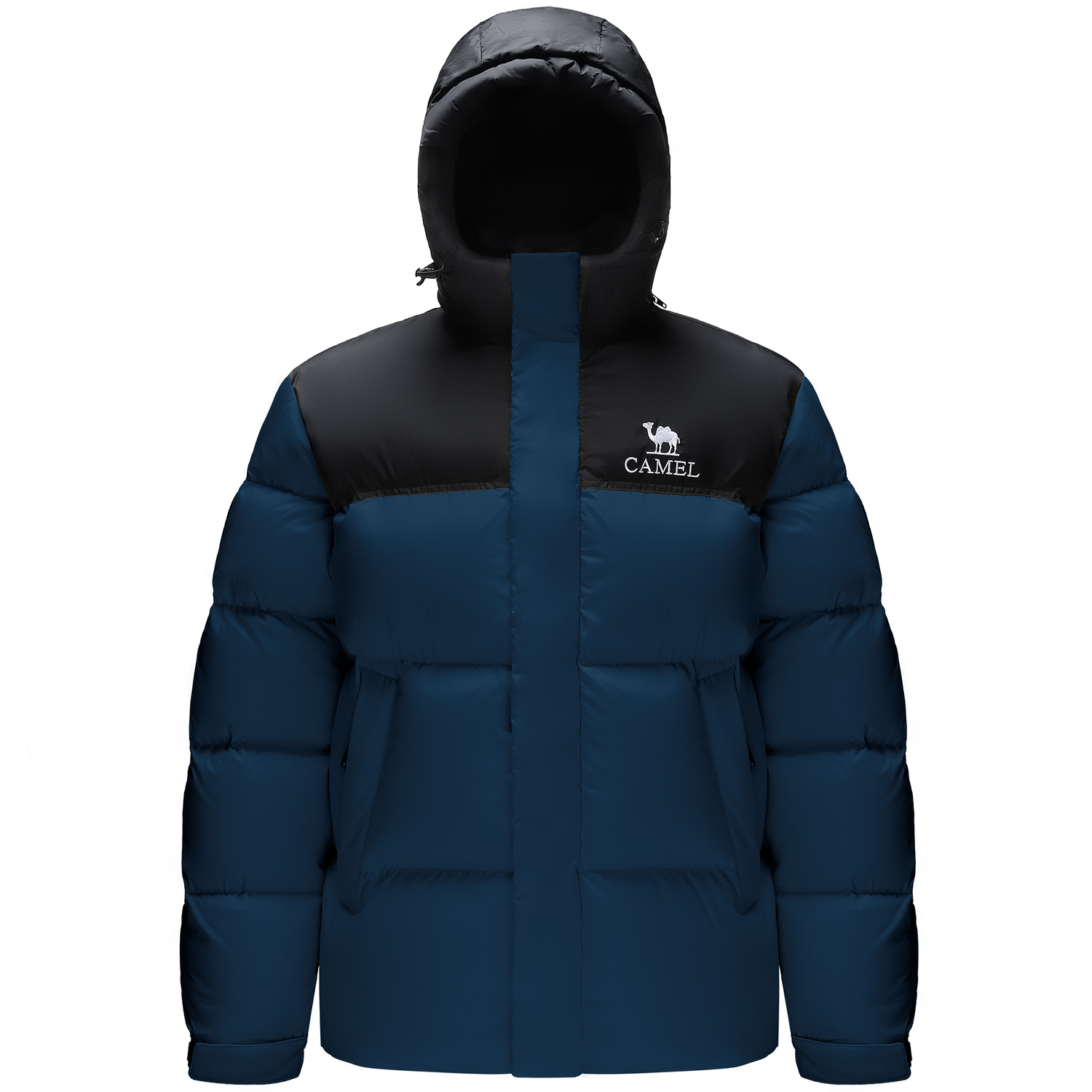 

Разноцветная пуховик с антипиллингом и водоотталкивающими свойствами, ветрозащитная утепленная куртка с капюшоном Unisex CAMEL, phantom черный/night mooring синий