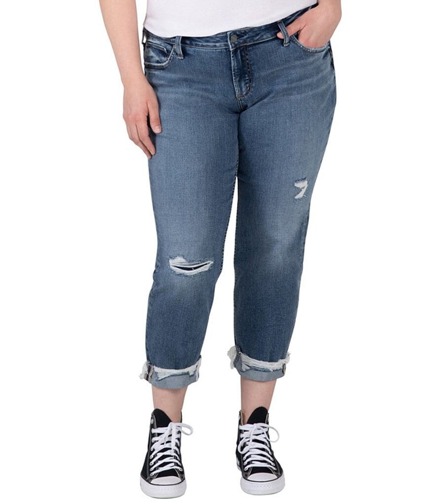 

Джинсы Silver Jeans Co. Укороченные джинсы-бойфренды больших размеров со средней посадкой и рваными штанинами с закатанными манжетами, синий