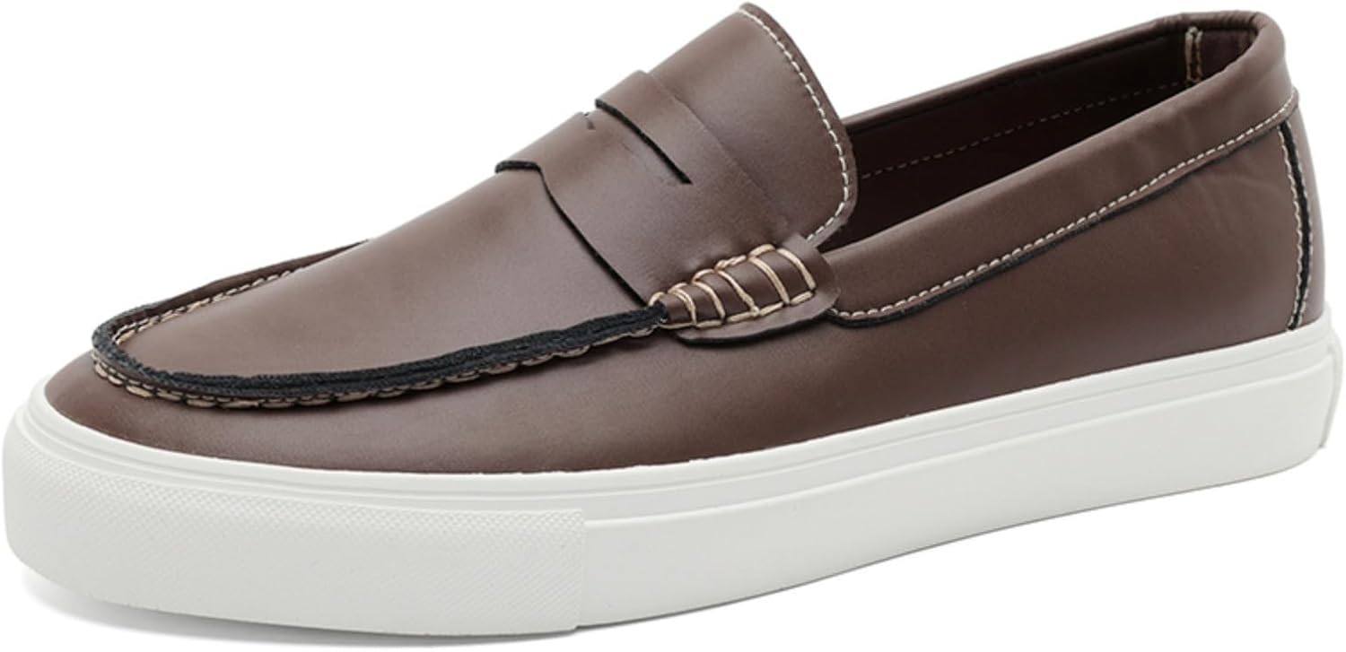 

Мужские модные туфли-лоаферы без шнурков, ручная прошивка, плоская подошва, легкие, низкие, с круглым носком, противоскользящие, повседневные для вождения, прогулок, формальных мероприятий и бизнеса Qwuieoin, коричневый