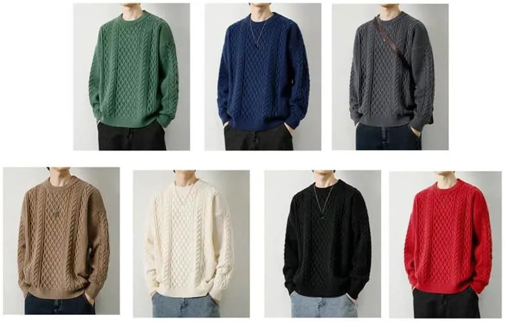 Мужской свитер Vintage Twist с круглым вырезом, однотонный, свободного кроя, ретро вязаный пуловер Generic, серый — фото 2