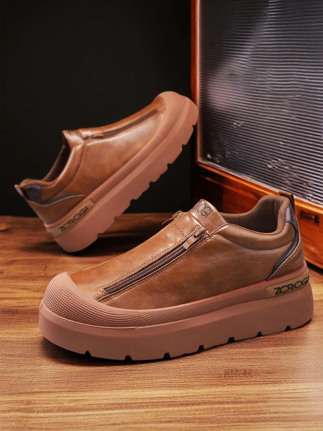 Men's Double Zipper Baotou Fashionable Sports Simple Leisure Low Cut Waterproof Board Kitchen Shoes Generic, коричневый — фото 4