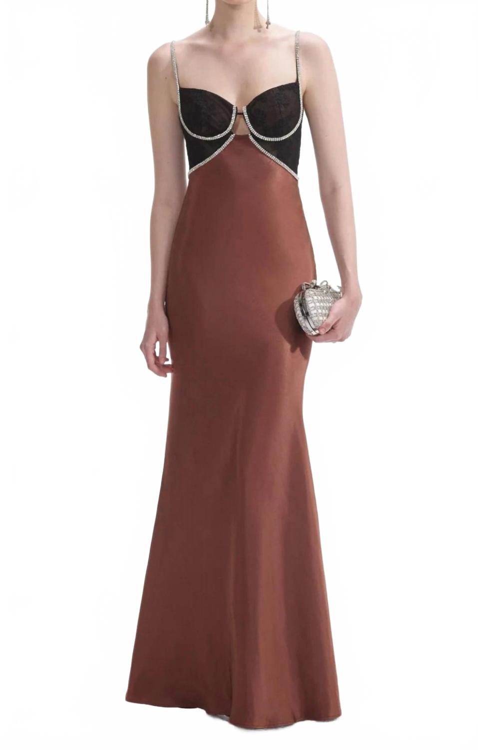 

Women's Satin Diamante Gown In Brown Self-Portrait