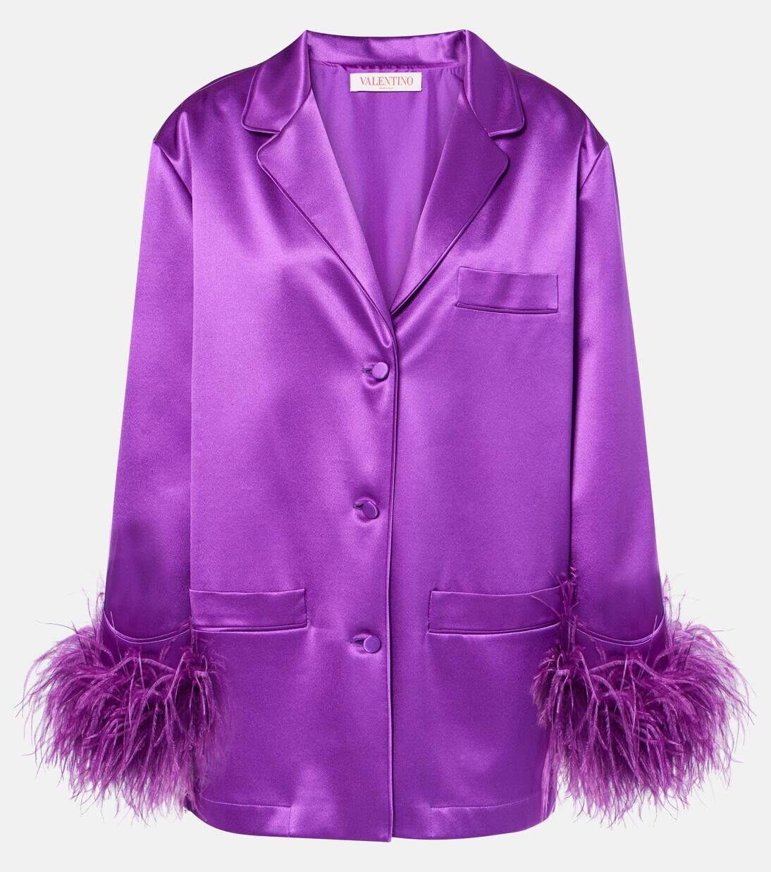 

Рубашка из шелкового атласа с отделкой из перьев Valentino, цвет prism violet