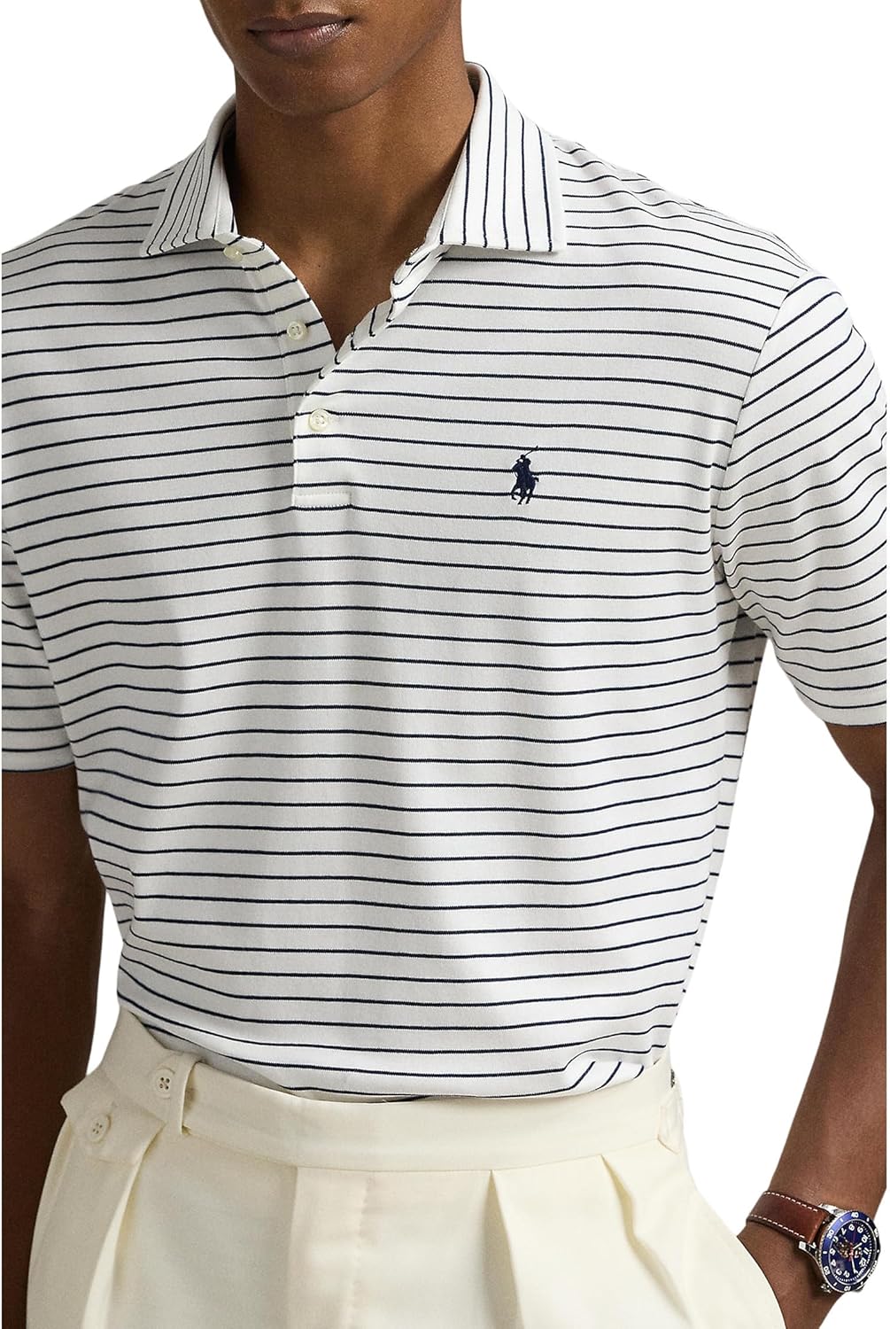 POLO RALPH LAUREN Мужская классическая поло из мягкого хлопка, White/Refined Navy — фото 3