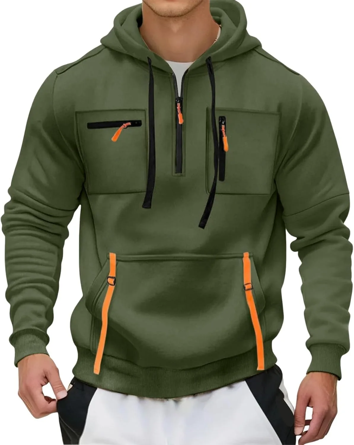 

Мужская тактическая толстовка с капюшоном и молнией на четверть, с длинным рукавом и карманами