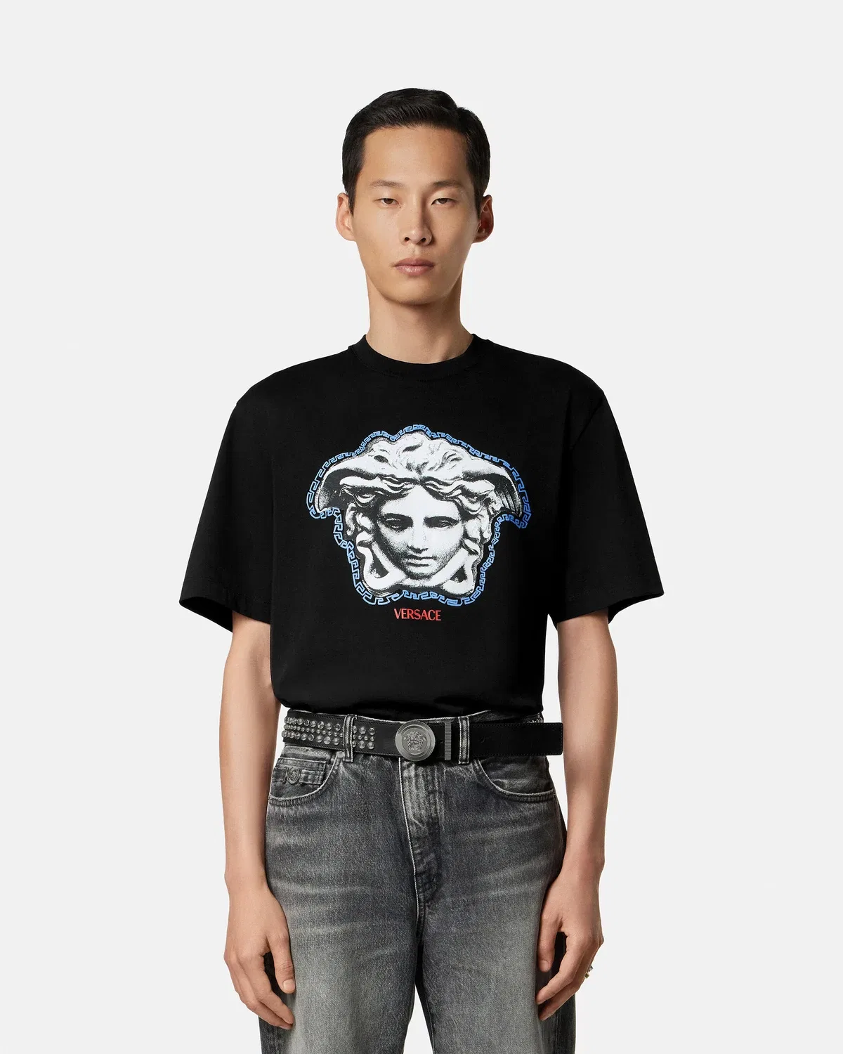 Футболка прямого кроя из хлопкового джерси с принтом VERSACE, черный — фото 2