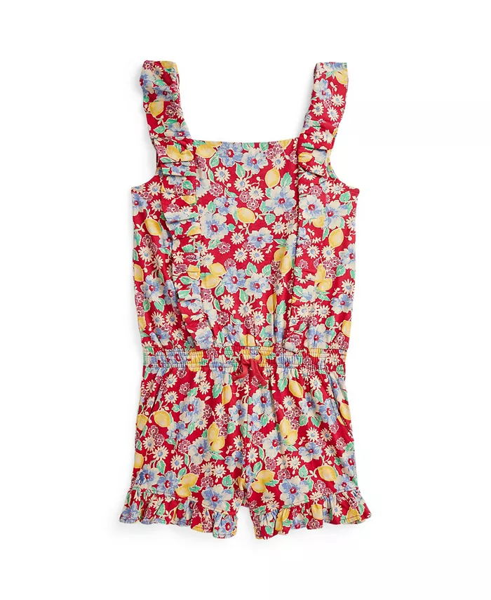 

Ромпер из джерси с рюшами и цветочным принтом для девочек постарше Polo Ralph Lauren, красный