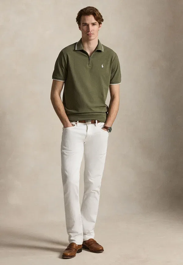 Классическая приталенная сетчатая рубашка-поло на молнии Polo Ralph Lauren, оливковый — фото 2