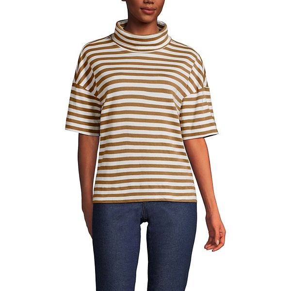 

Женская водолазка с коротким рукавом из супимы Lands' End, Camel Even Stripe