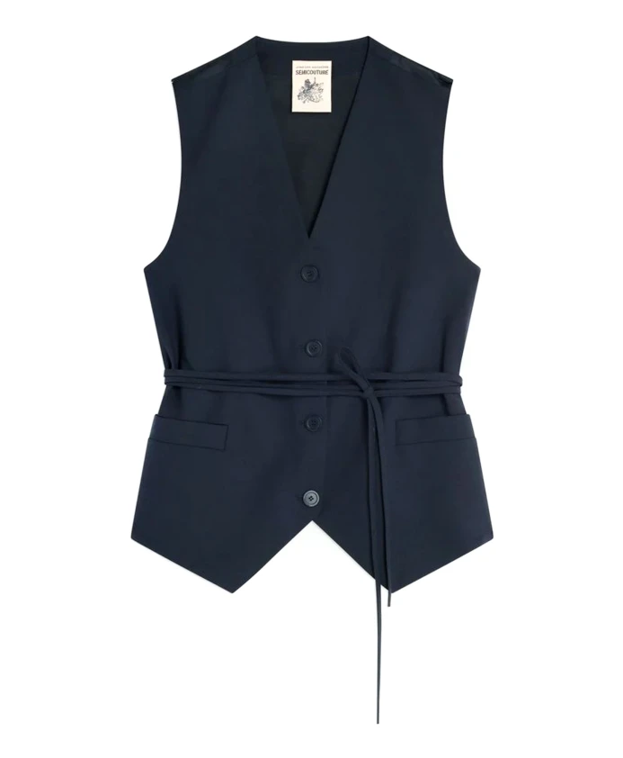 

Темно-Синий шерстяной жилет с поясом Semicouture, синий
