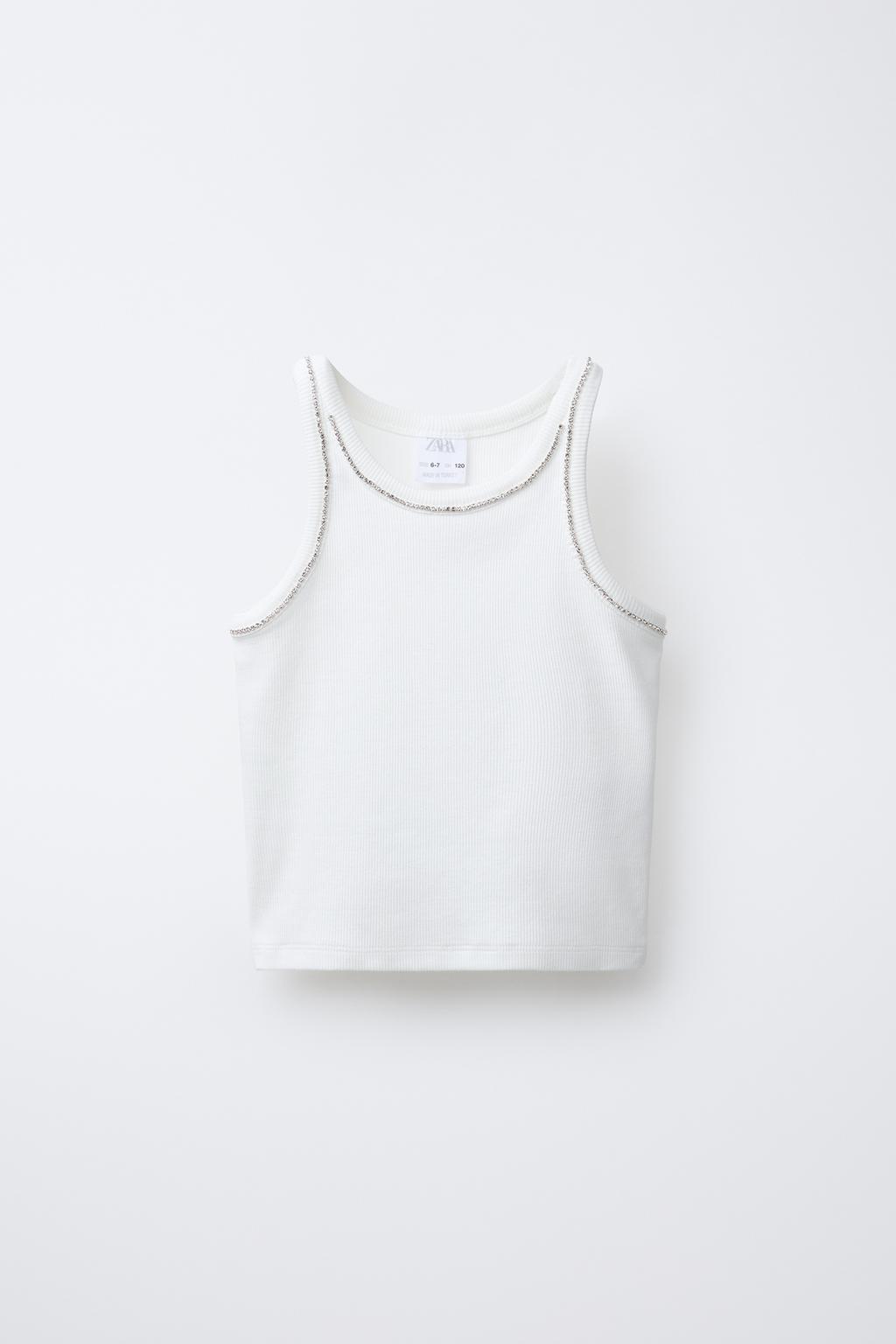 

Футболка в рубчик с драгоценными камнями ZARA, белый