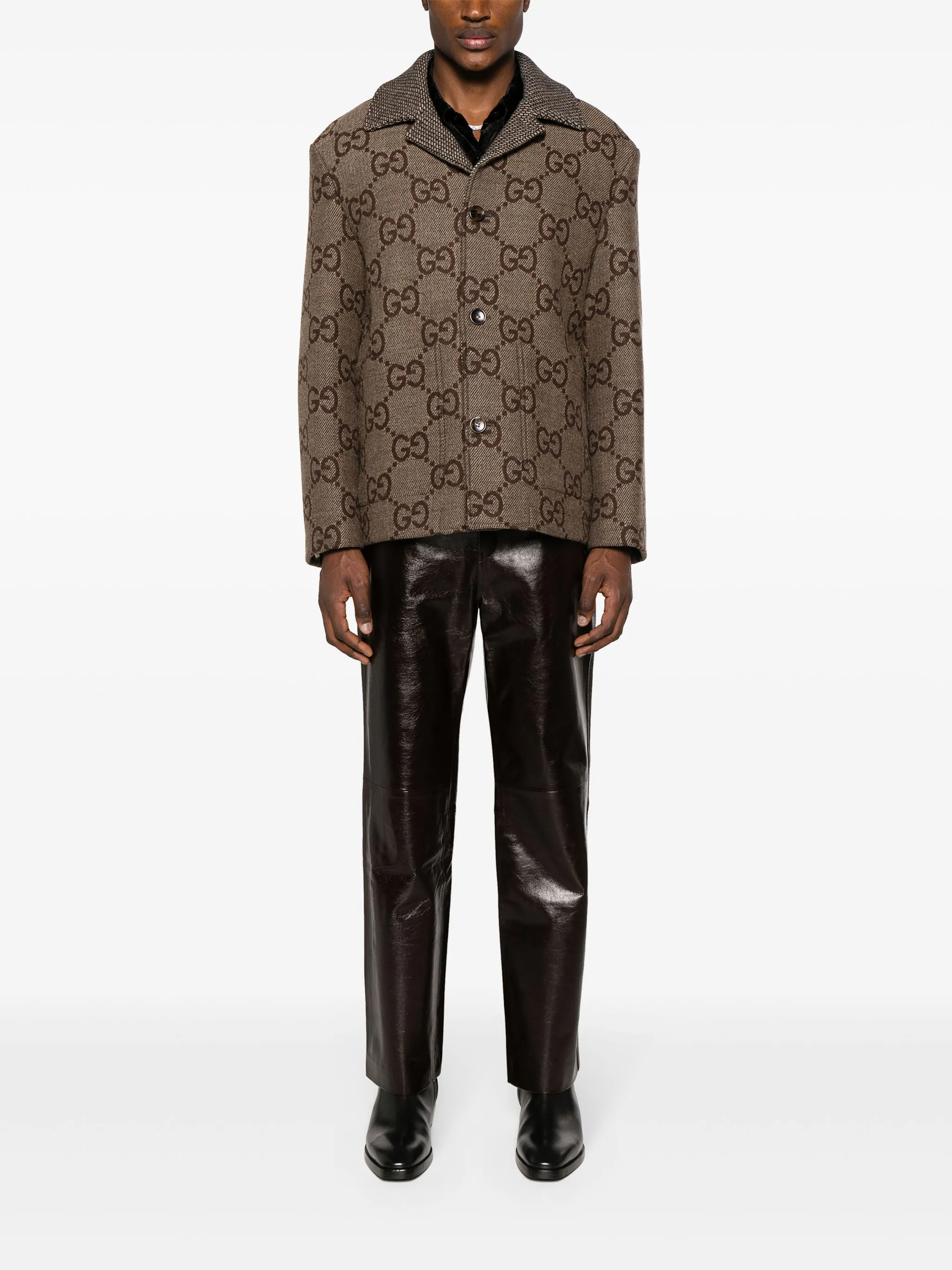 Жаккардовый пиджак с узором Maxi GG Gucci, коричневый — фото 2