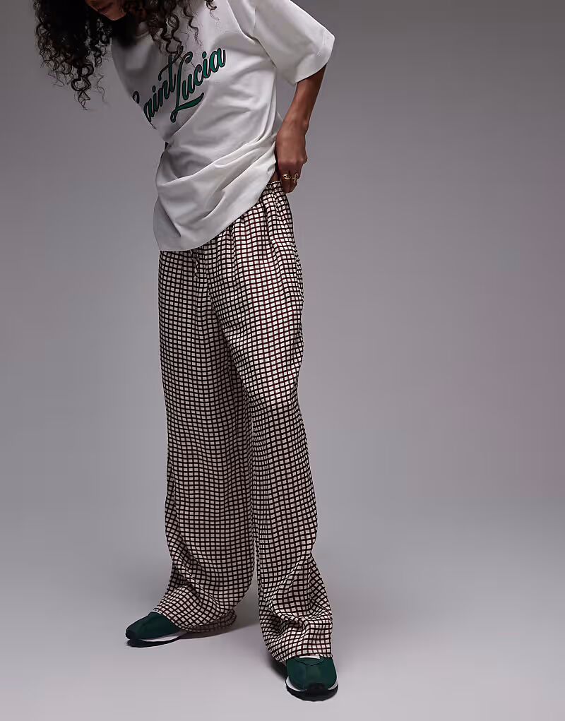 

Широкие брюки из атласа с завязками на шнурке в клетку, нейтрального цвета Topshop